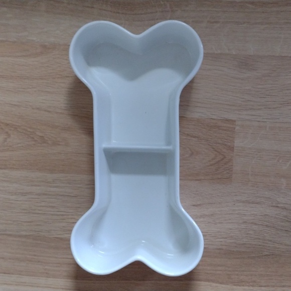 Dog Divided Bone Woof Dish by Linen & Things White Large 14 X 7 - Picture 2 of 5